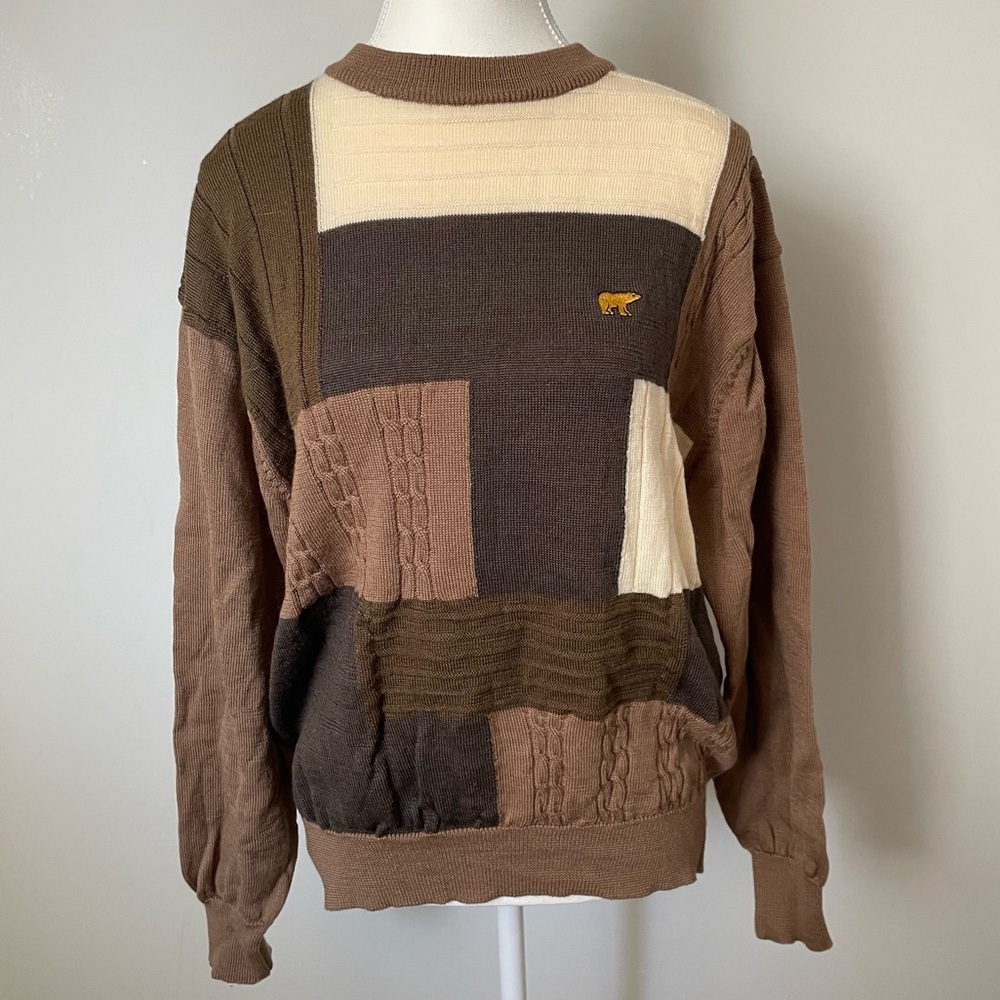 Vintage Golden Bear by Jack Nicklaus Brown Patchwork Cable Knit Sweater Size L